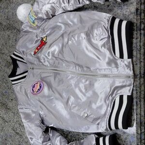 "Forever 21" Sz. S/CH, Silver Bomber Jacket with Patches. 20 in P2P, 24in Long..